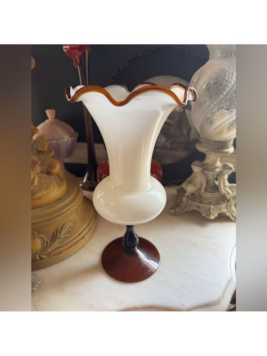 Other - Vintage Empoli Style White & Caramel Glass Ruffle Edge Vase
